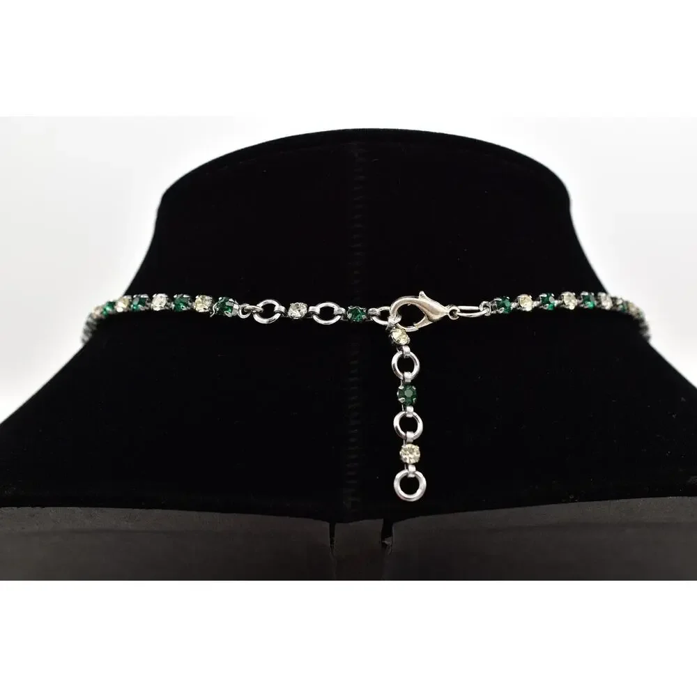 Vintage Crystal Collar Necklace Green Marquise Floral Prong Rhinestone BinBL